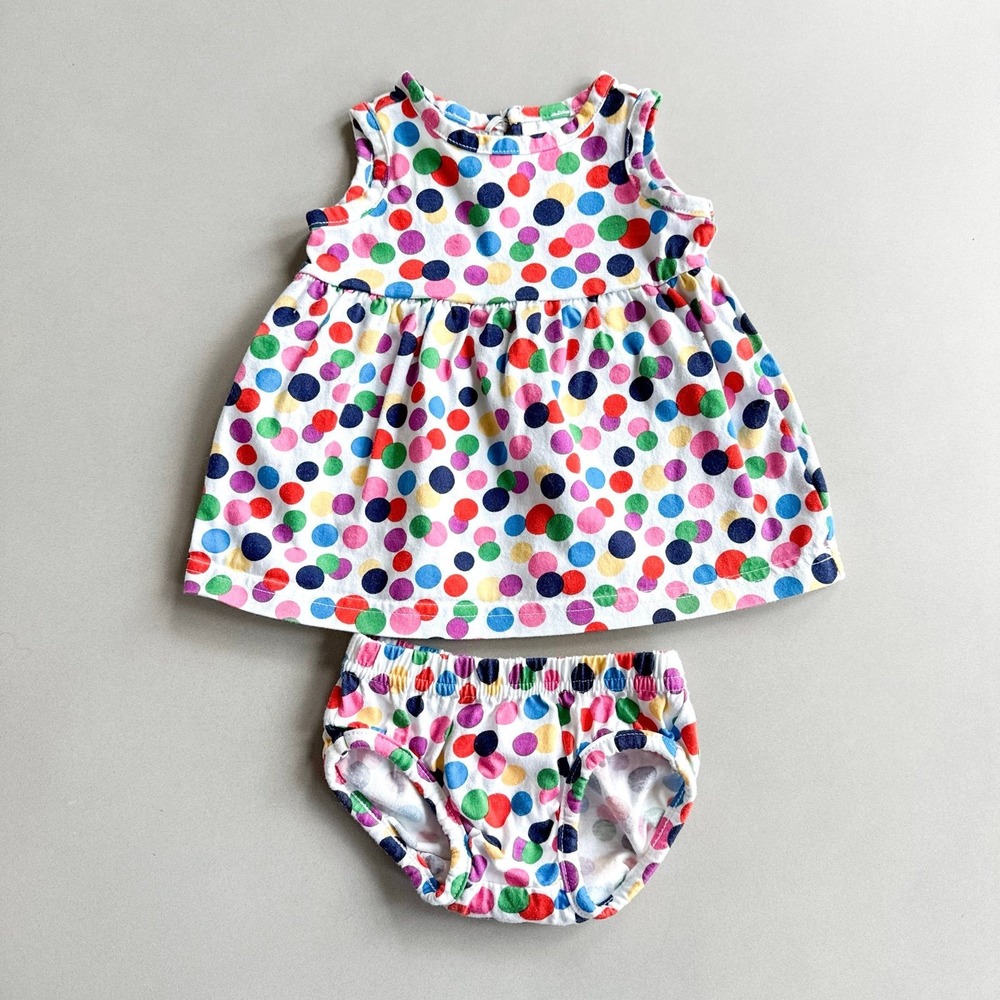 Hanna Andersson 50 Polka Dot Baby Girl Dress & Bloomer Rainbow Confetti 0-3 mos